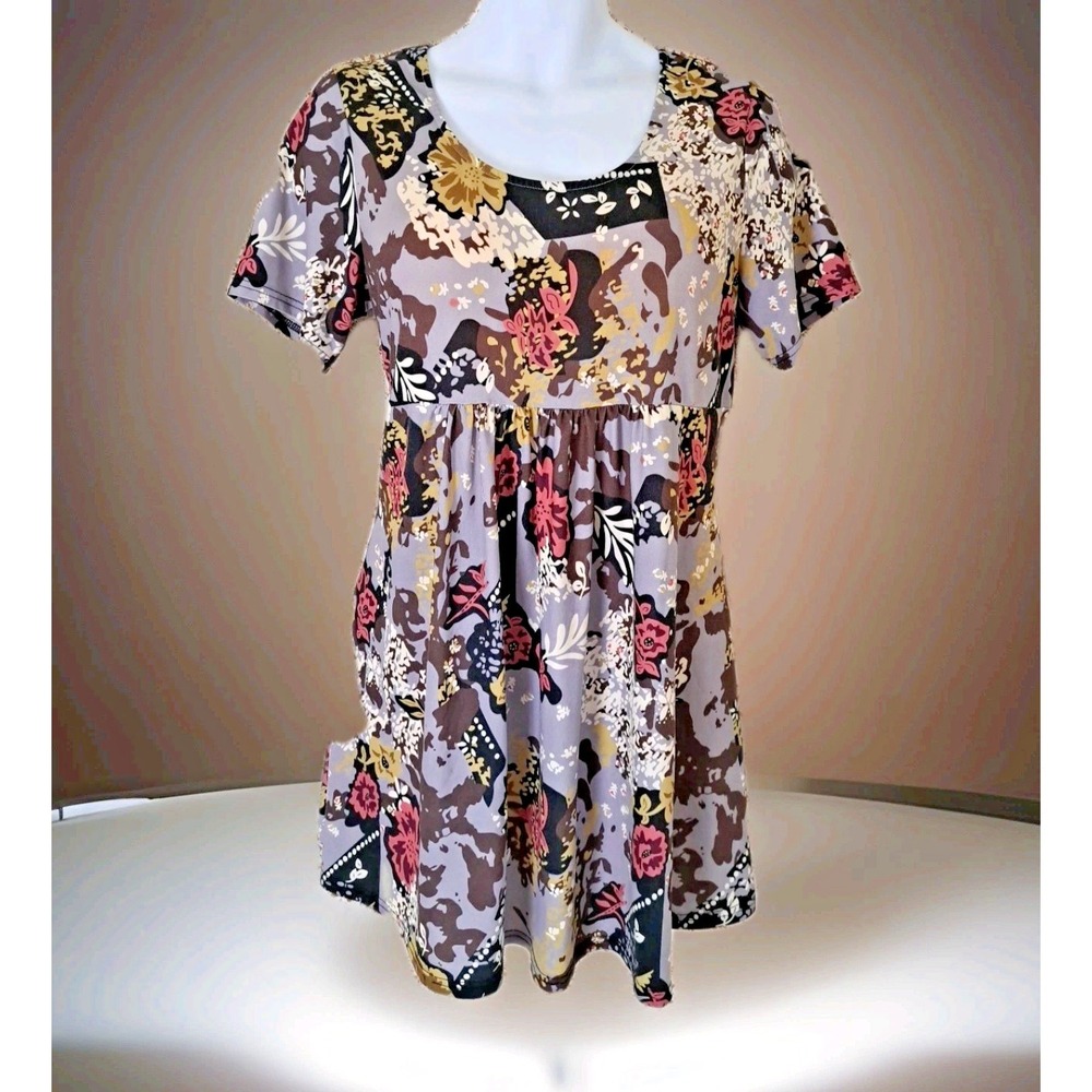 R&B Collection Babydoll Mini Dress XL Multicolor Floral Brush Knit Short Sleeve‎